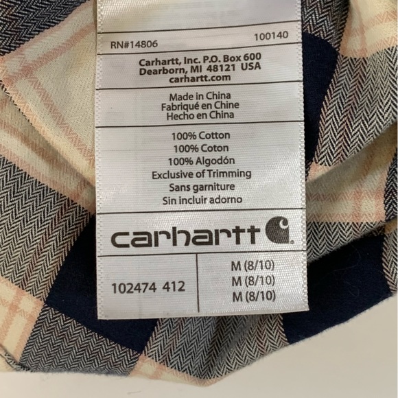 Carhartt Shirt, Plaid Button Down Cuffed Short Sleeve, Navy White, EUC, 8/10 M - Picture 8 of 9